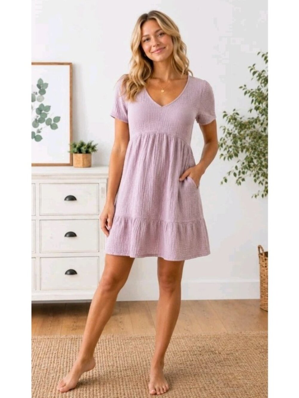 Isabel Maternity Cotton Gauze Dress Pullover V-Neck Summer Pockets XS Faded Pink